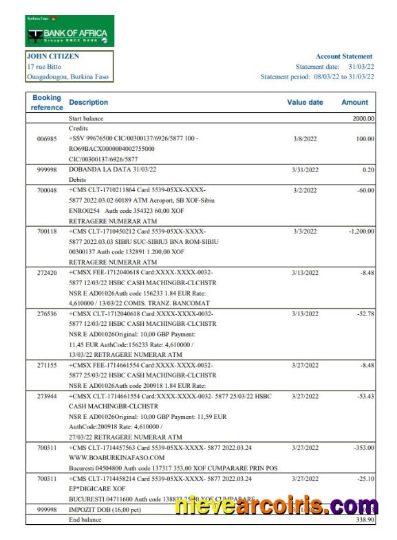 Burkina Faso Bank of Africa bank statement